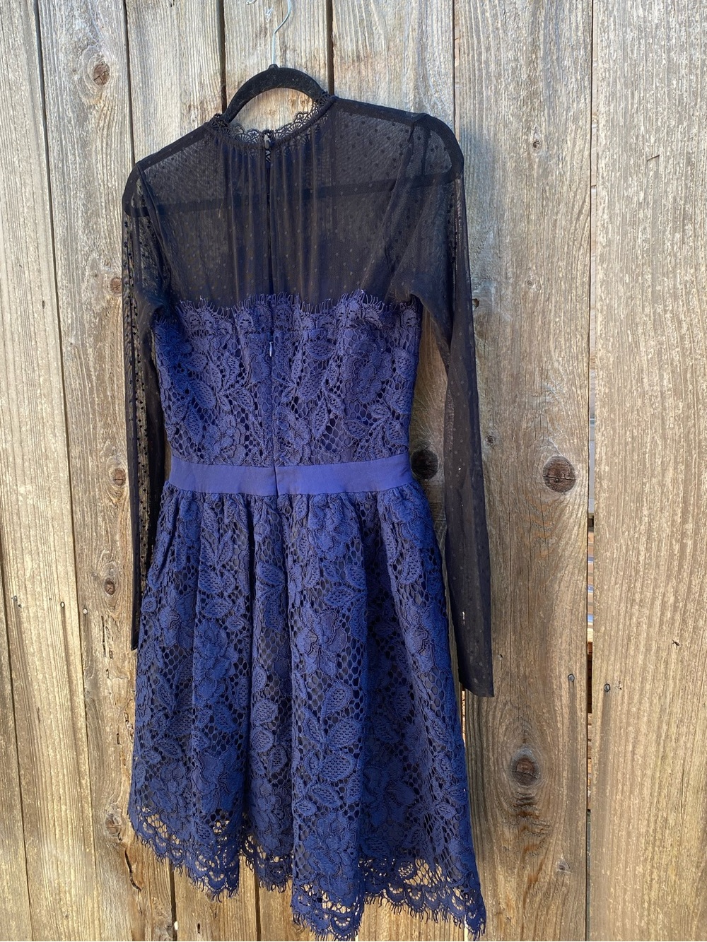 Izzy Dress - X byNBD Navy Lace Fit-and-Flare Dress with Sheer Black Long Sleeves